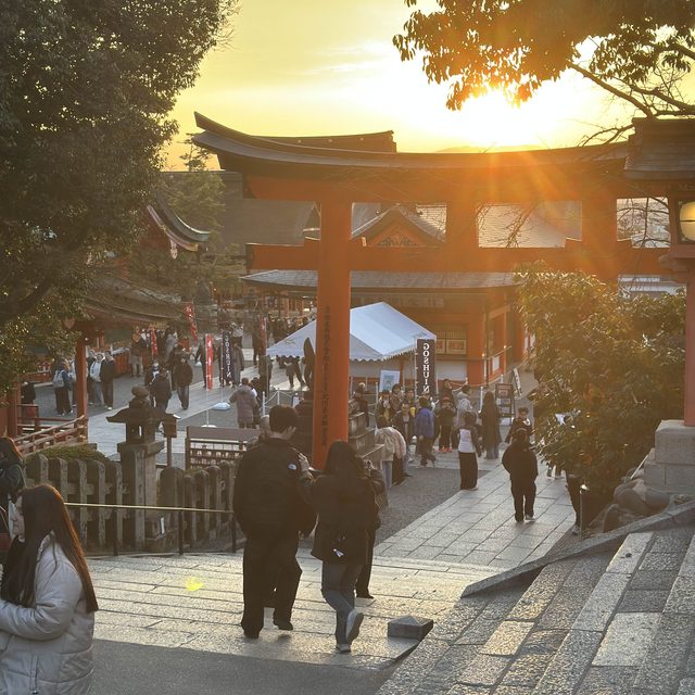 A torii gate at sunset in Japan